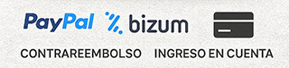 Logotipos de las formas de pago admitidas: Visa, Mastercard, TPV, PayPal, Ingreso en cuenta, Contrareembolso y Bizum.